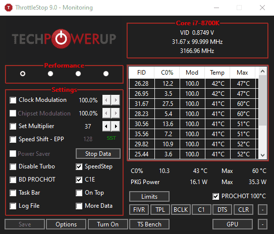 ThrottleStop main interface