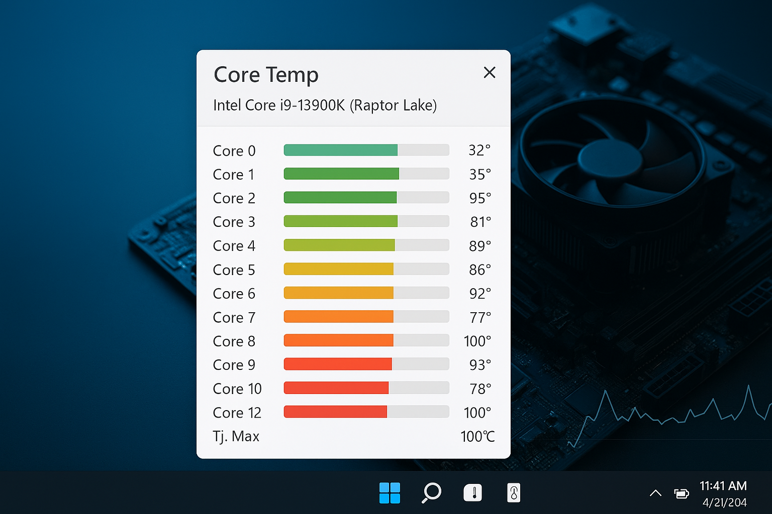 Core Temp main window showing per-core temperatures