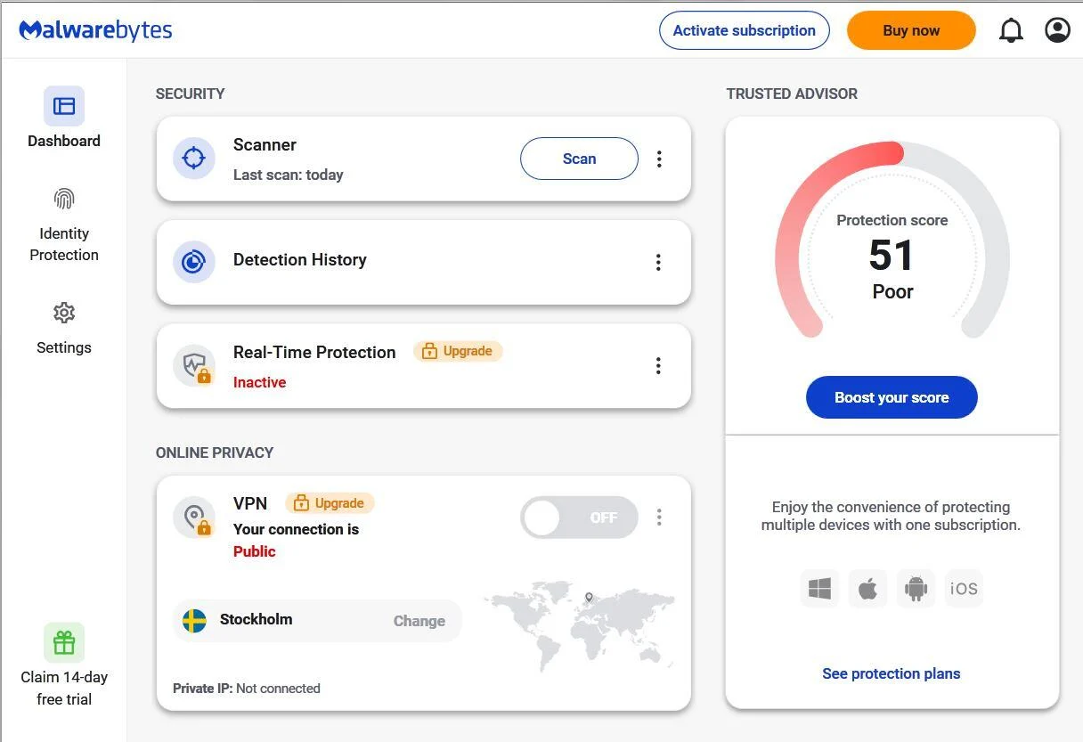 Malwarebytes 5.2 Dashboard