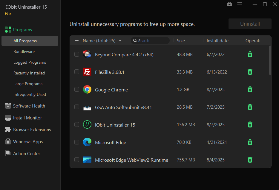 IObit Uninstaller main program list