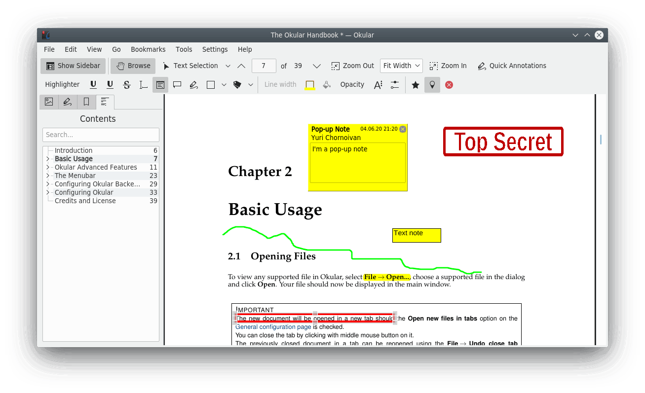 Okular annotation tools