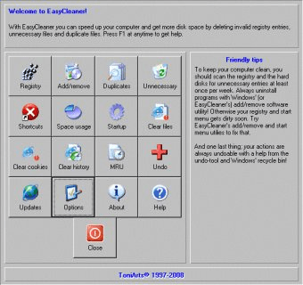 EasyCleaner main interface and cleaning options