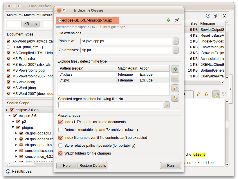 DocFetcher indexing and settings