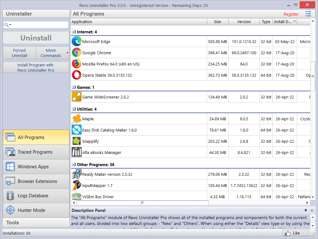 Revo Uninstaller main program list