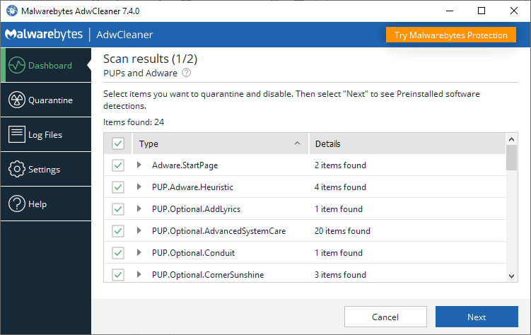 AdwCleaner results after cleaning adware and PUPs