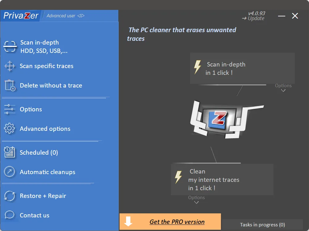 PrivaZer privacy settings and secure deletion options