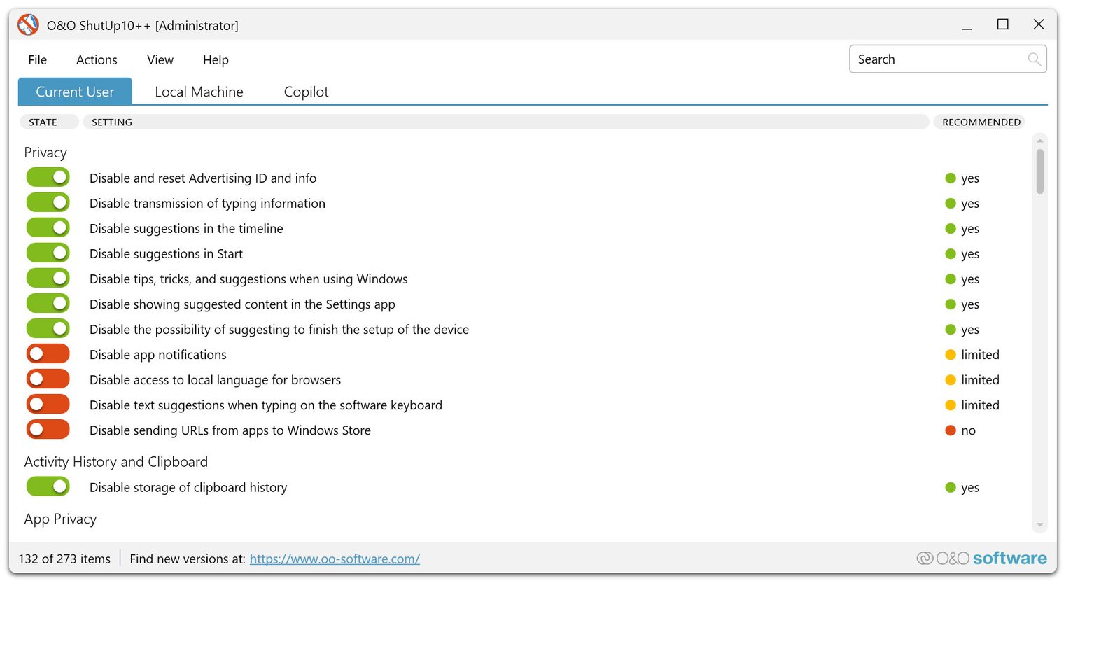 ShutUp10++ main interface