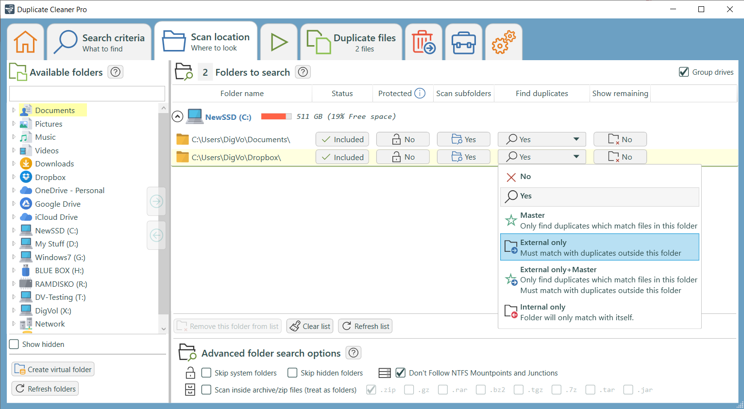 Duplicate Cleaner main scan interface