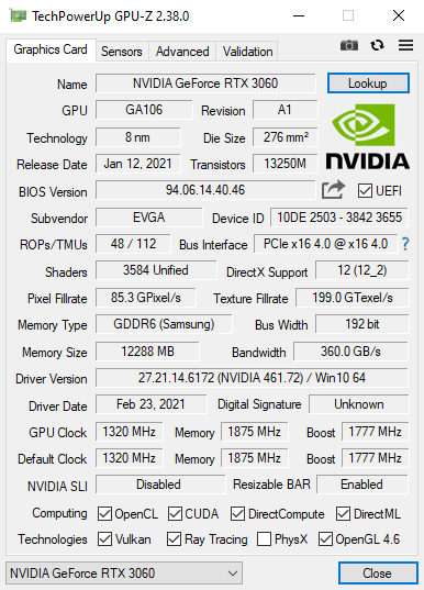 GPU-Z main tab with graphics card specifications