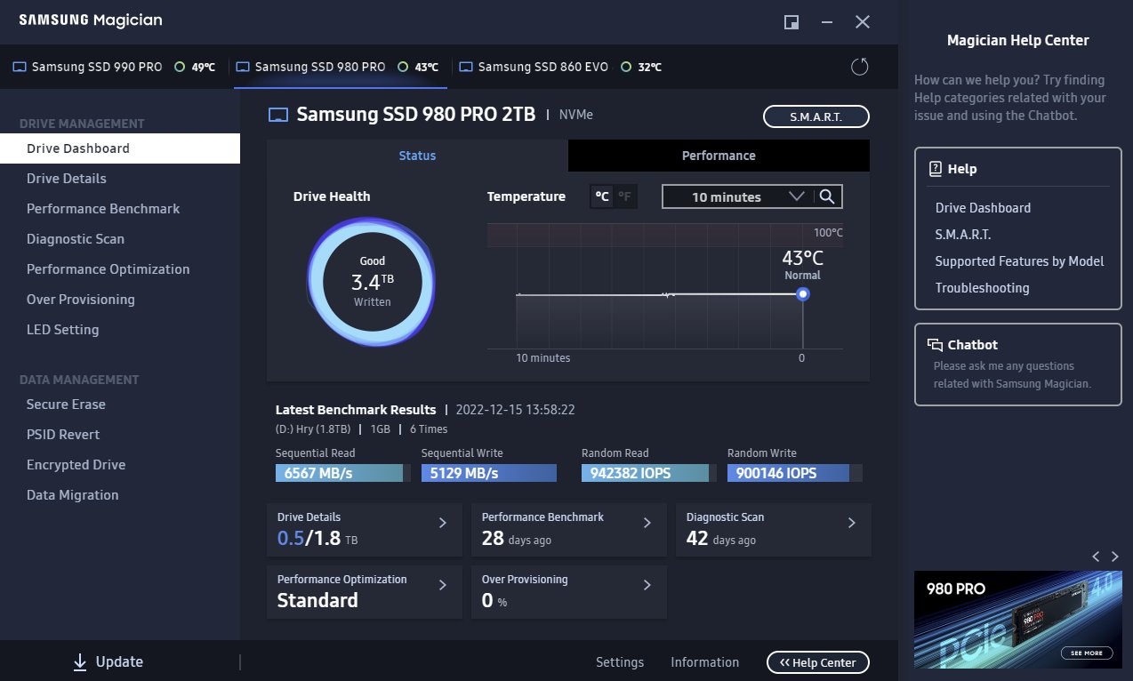 Samsung Magician main dashboard and drive health status